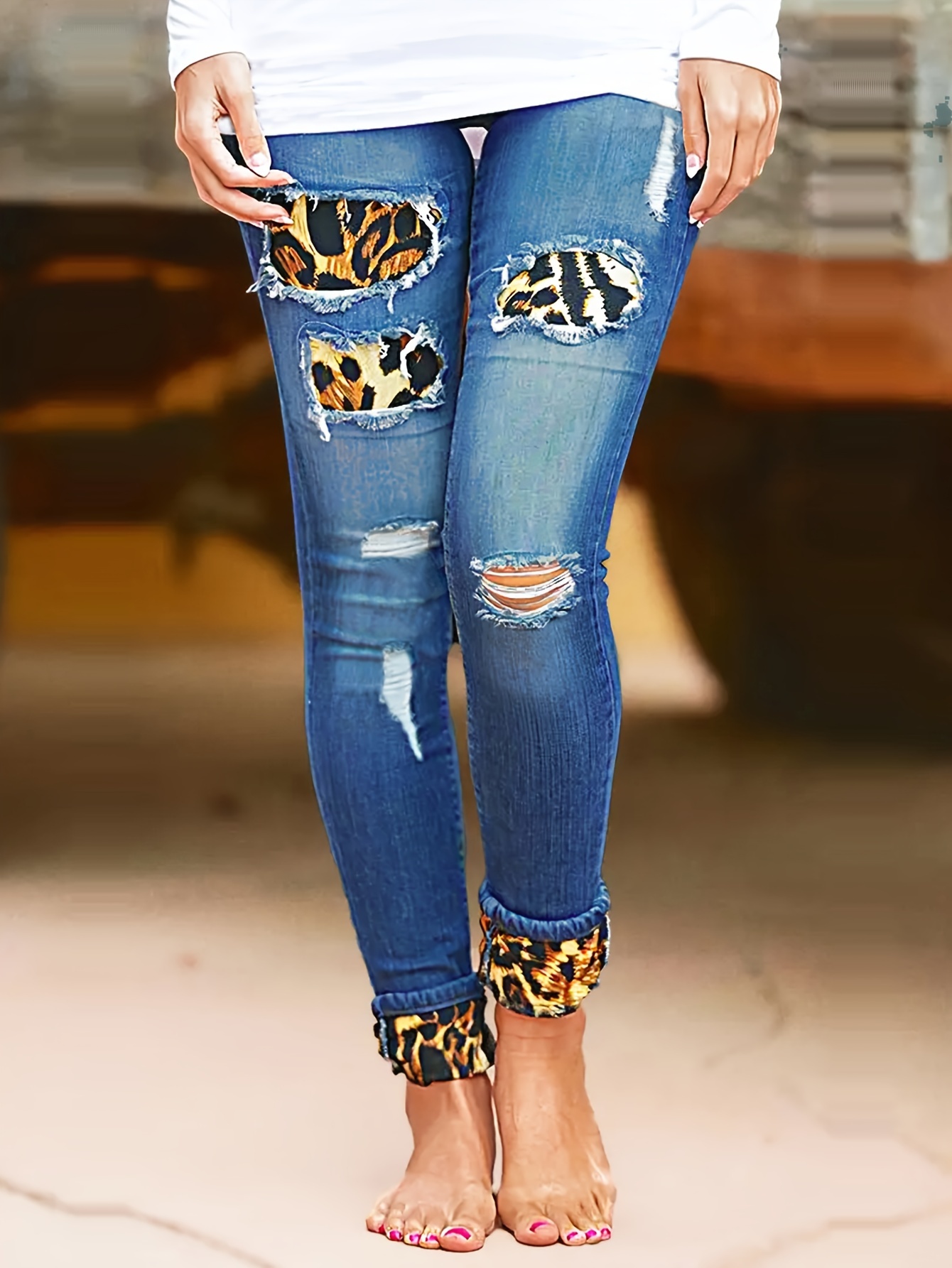 women's high stretch skinny jeans leopard print patch - Temu