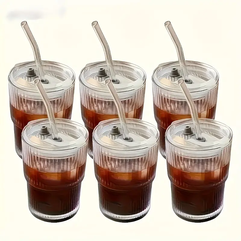 6pcs ribbed glassware glass cups with lids and straws dishwasher safety coffee cups with lids and straw sets reusable iced coffee cups for iced water milk tea Product details 3