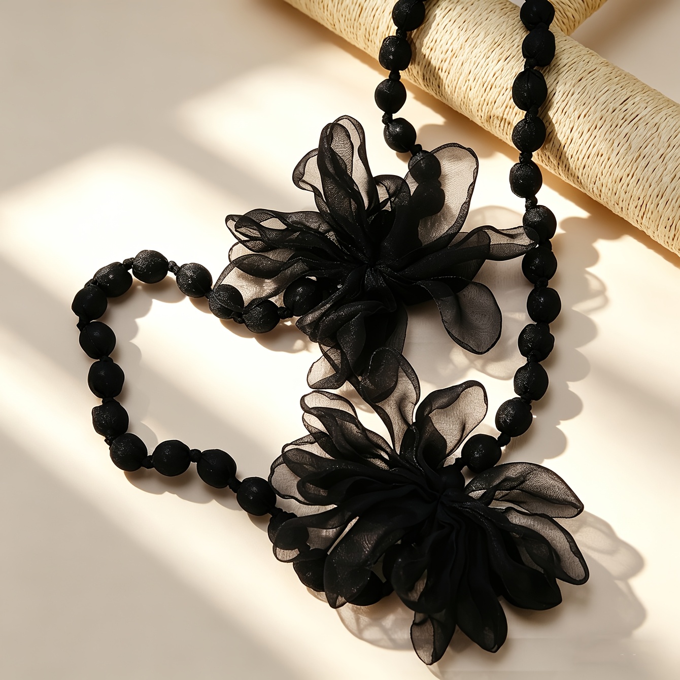 Women's Handmade Woven Long Necklace with Fabric Flower