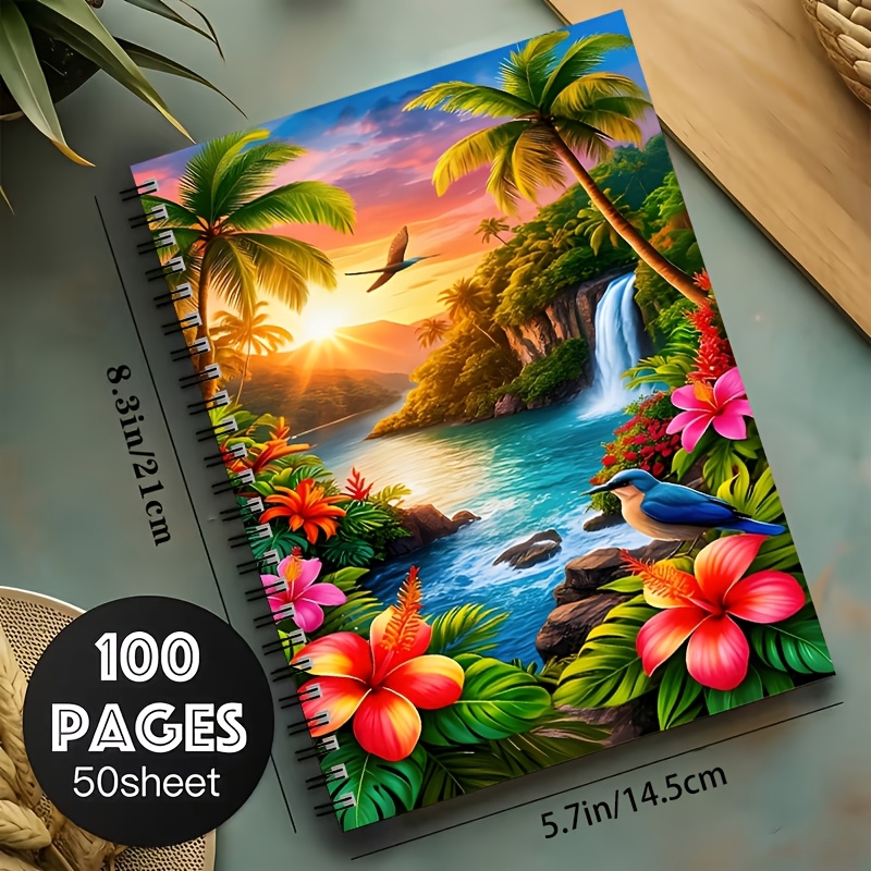 TEMU Cahier à spirale A5 d'Île , Reliure à spirale noire 24 trous, 50 feuilles (100 pages), Taille 21×14,5 cm, Motif au coucher et hibiscus,