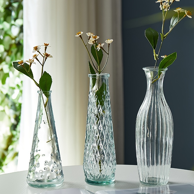 

3pcs Assorted Glass Vases, Retro Style Decorative Flower Vases, 7.87in/8.66in/9.06in Tall Clear Vintage Glass Vase For Home Decor, Tabletop, Weddings, Events