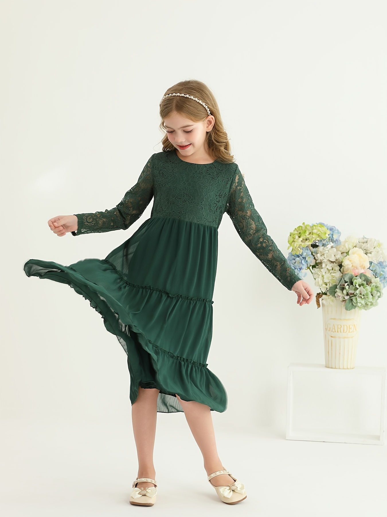 1pc girls lace trim long sleeve dress casual fit flare   length summer dress with round neck soft pink sizes 5 11 years hand wash only perfect gift for young girls eenage styling layered lace detailing school outfit breathable fabric dark green 4
