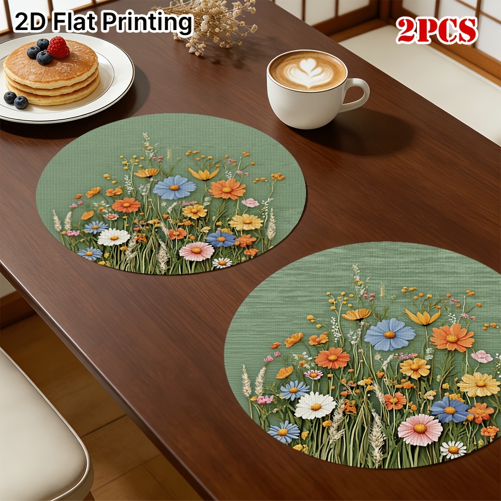 TEMU 2pcs/4pcs/6pcs/8pcs Round Placemats, Colorful Blooming Wildflowers Illustration Design, High-grade Texture And , Enhance The Warmth And Grade Of