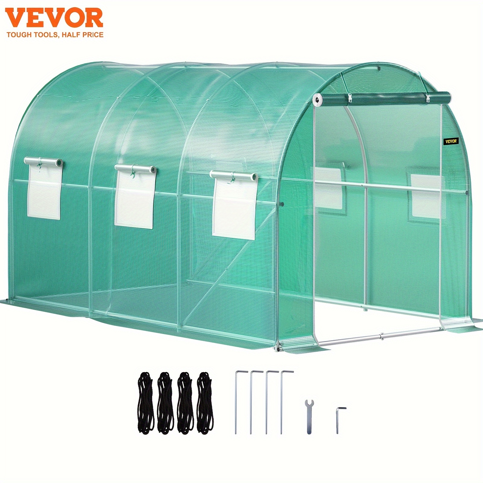 

Walk-in Tunnel Greenhouse, 12 X 7 X 7 Ft Portable Plant Hot House W/ Galvanized Steel Hoops, 1 Top Beam, Diagonal Poles, Zippered Door & 6 Roll-up Windows, Green