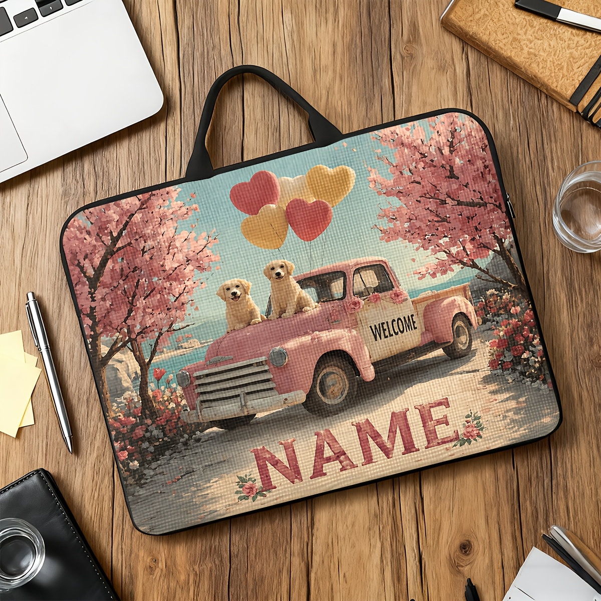 Customized Pink Truck Puppies Themed Laptop Bag with Handle