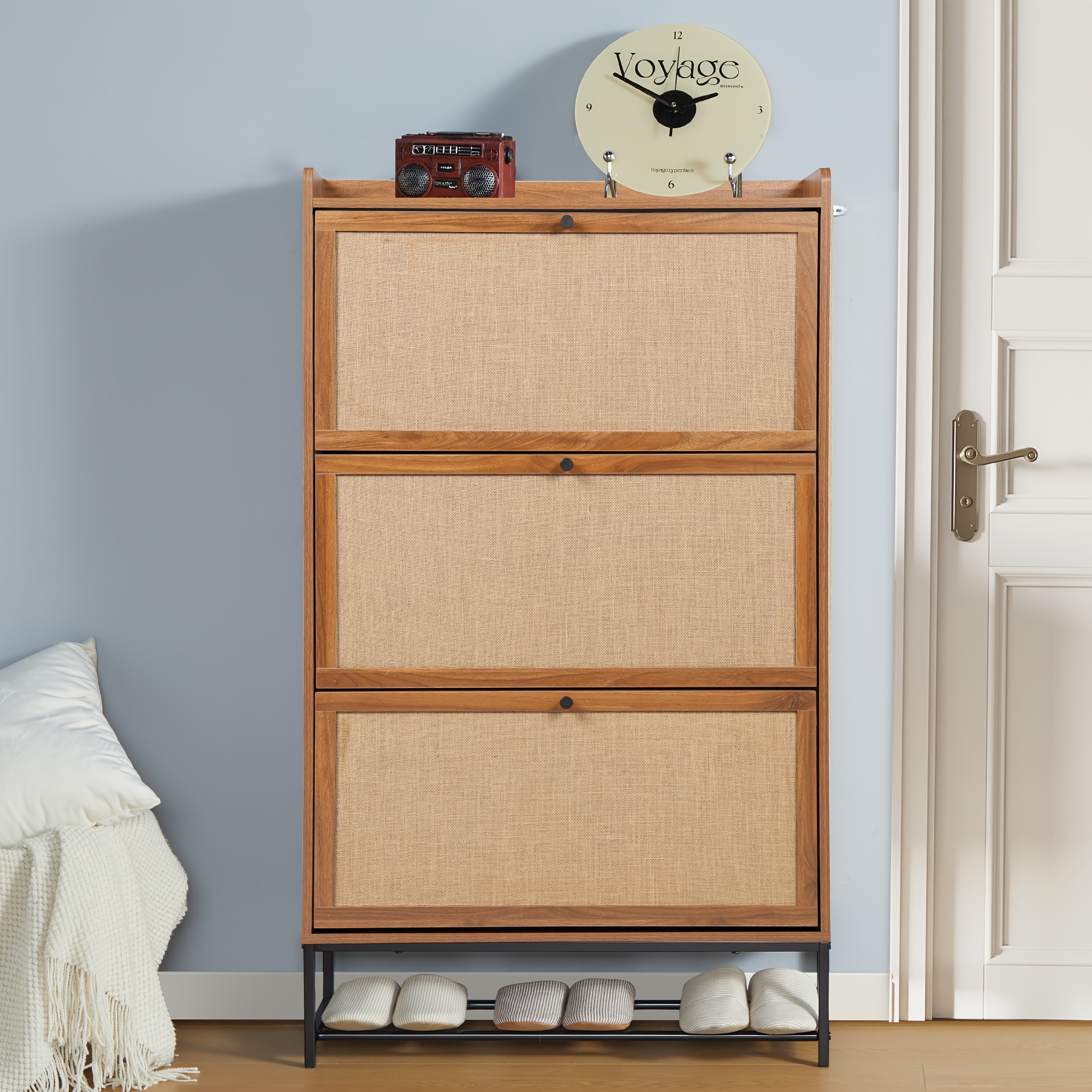 Image of Freestanding Shoe Storage Unit With , Featuring 3 Flip Drawers, Ideal For Modern , , And Bedrooms
