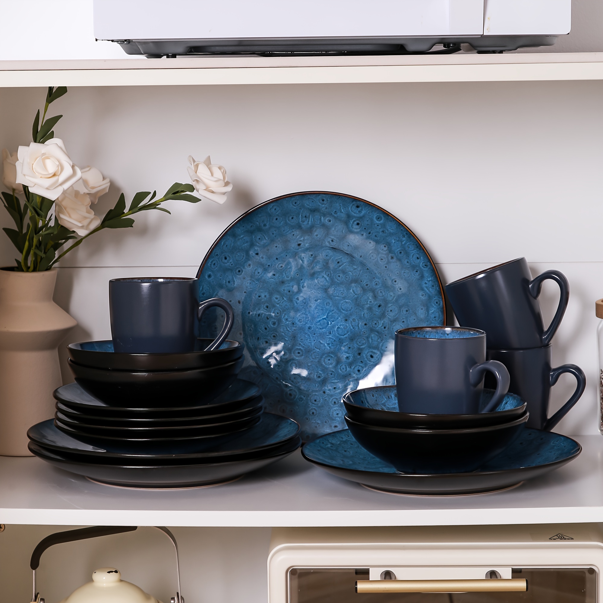 TEMU Dinnerware Sets 16pcs, Blue Dinnerware Set, Reactive Glaze Tableware, Includes Plates, Dessert Plates, Bowls And Mugs, Serves 4, Microwave And