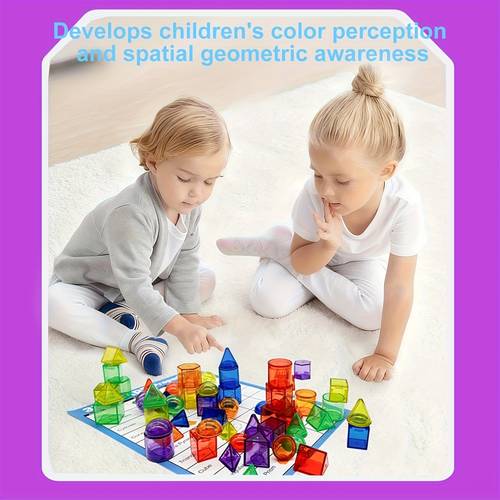 item picture 60pcs of three dimensional shapes designed for educational purposes see through geometric for children manipulatives for light tables and essential supplies for back to school and math teachers featuring 10 different shapes