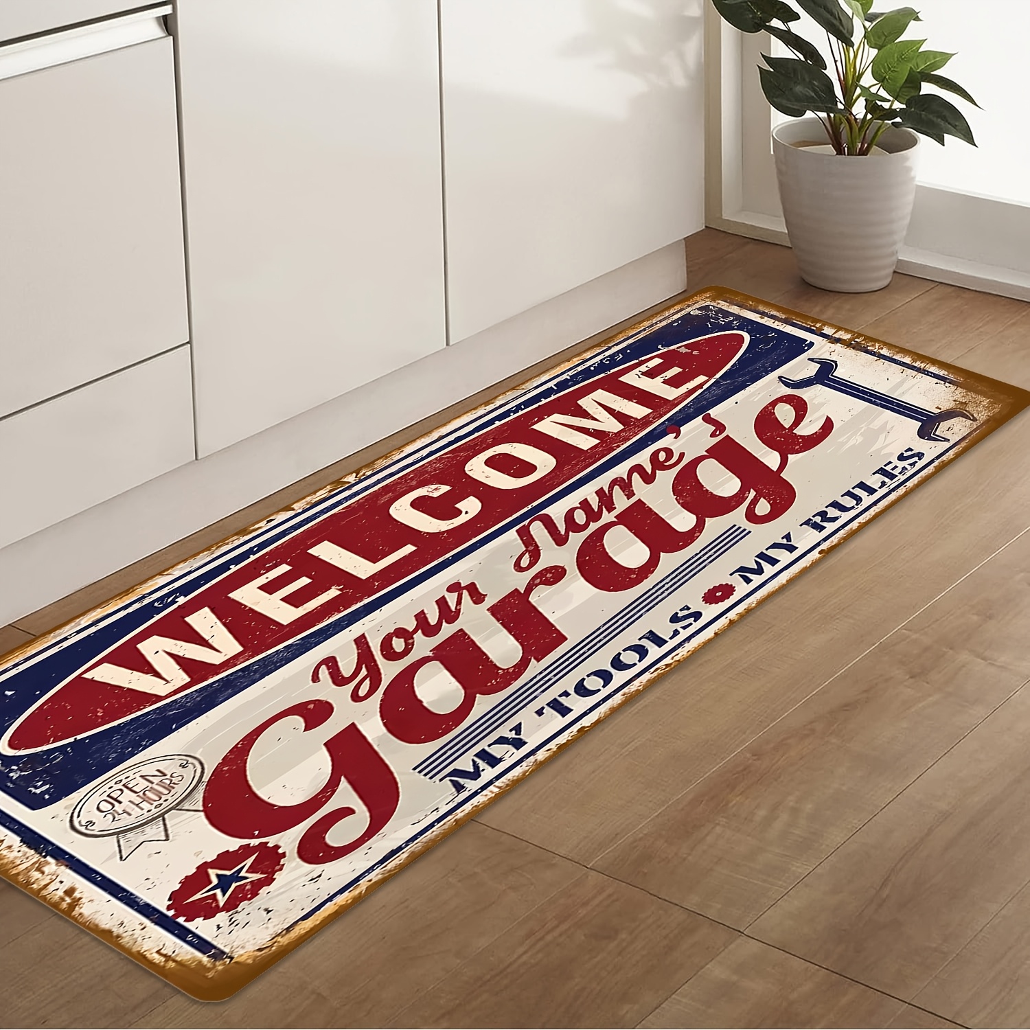 TEMU 2d Flat Printing Flannel Retro Style Long Runner Rug, English Letter Garage Tool Pattern Non-slip Hallway Decorative Mat, Machine Washable And