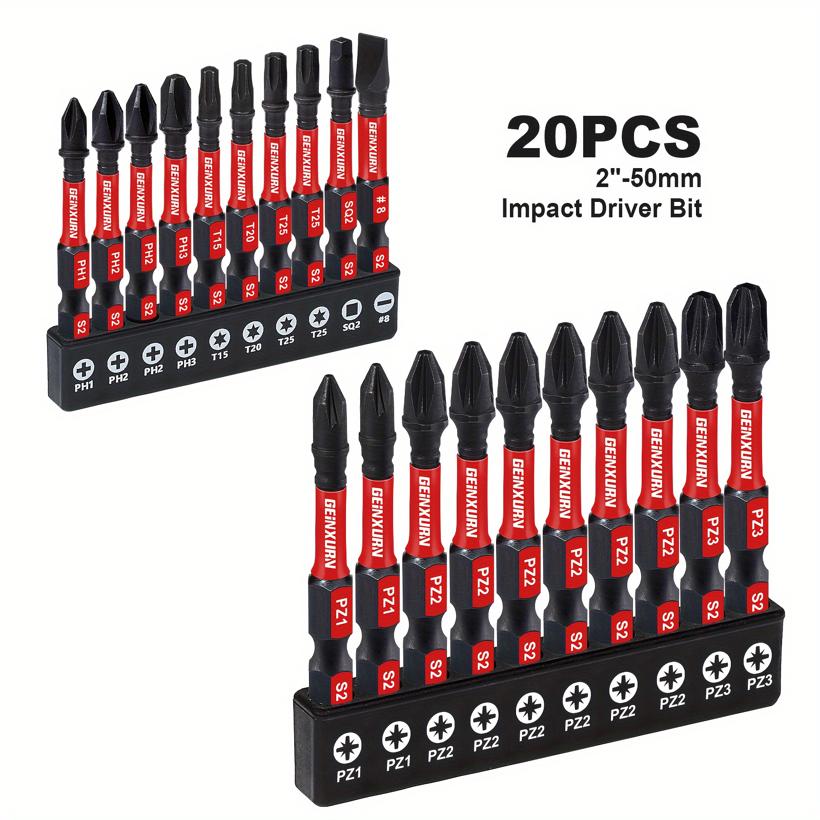 

Geinxurn 20/21pcs Impact Driver Bit Set, S2 Steel, Hex Shaped, Black, Red, White - Assorted Screwdriver Bits For Ph1, Ph2, Ph3, T15, T20, T25, T25, Sq2, Sl#8, Pz1, Pz2, Pz3 - No Required