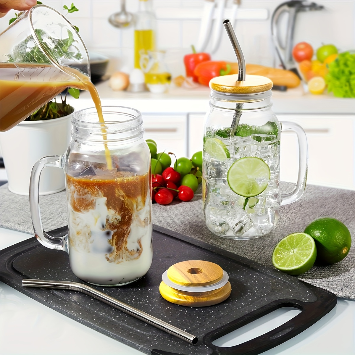 Mason Jar Mug with Lid and Straw, 16/24oz Mason Jar with Handle * Glass Cup  with Acacia Wood Lid, Mason Jar Drinking Water Cup 2/4pcs Set