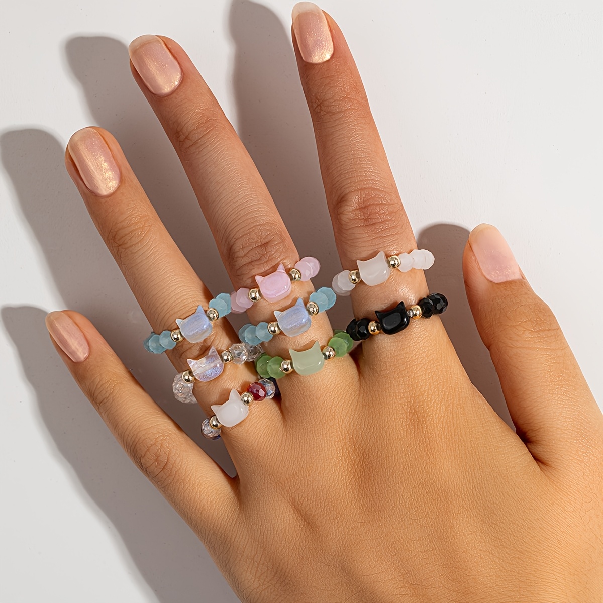 Image of 8 Cute Cat Rings In Black, , With And Beads, Stretch Finger Rings, Suitable For Daily Wear, Ideal For Festivals, Birthdays & Gifts