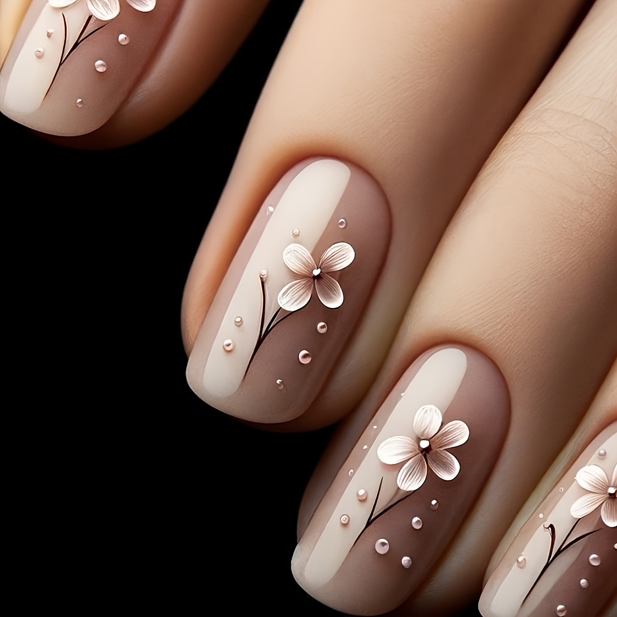 Image of A Set Of 24 Short Square Press-on Fake Nails, Cute And Elegant, With Flower, Prints, Suitable For And. The Box Includes A Nail File And Jelly Glue, Which Are Easy To Paste And Wear
