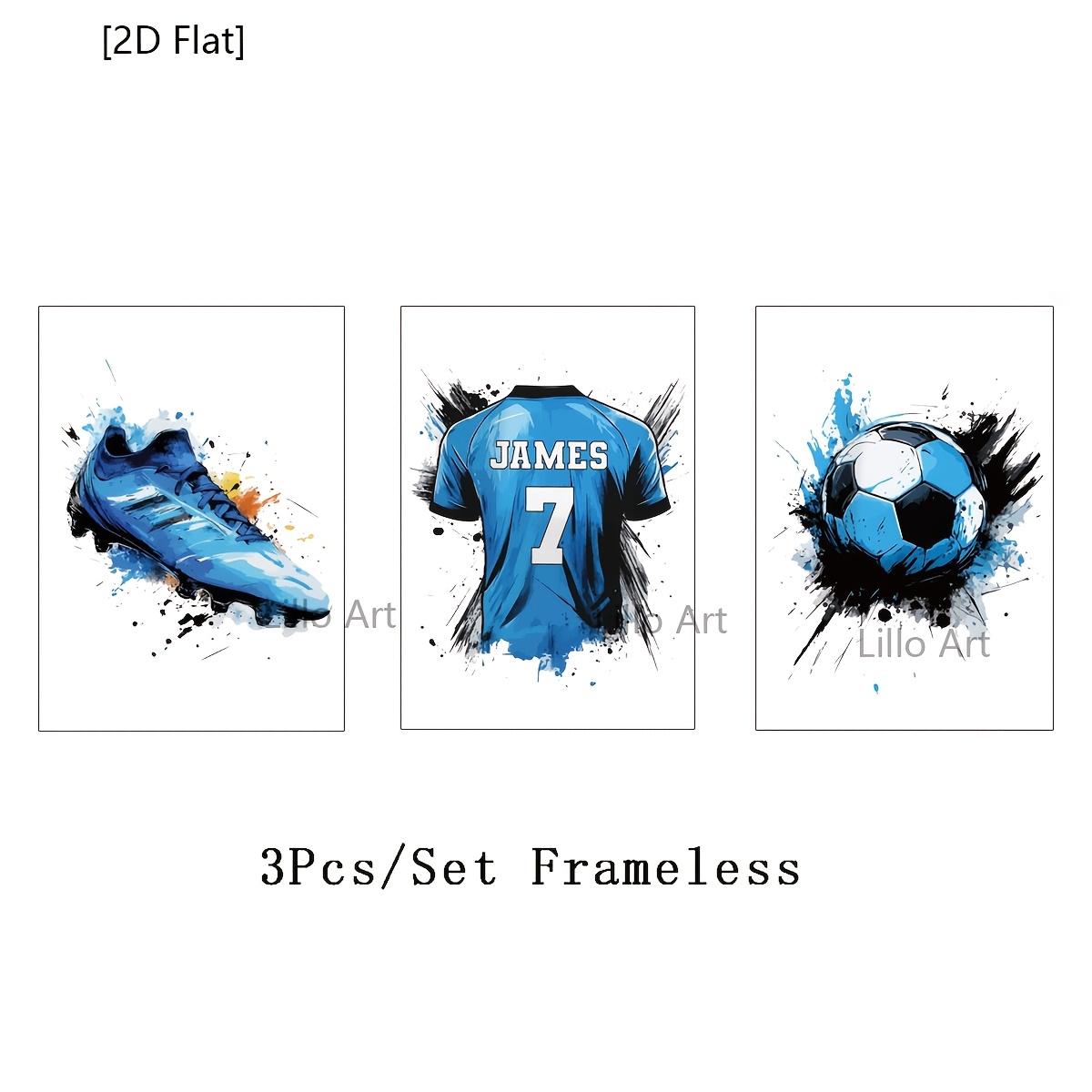 TEMU 2d Flat, 2d Flat 3pcs Canvas Art Set Framed, Blue Graffiti Football Posters With Football Players And Sneakers, Christmas Home Decoration,