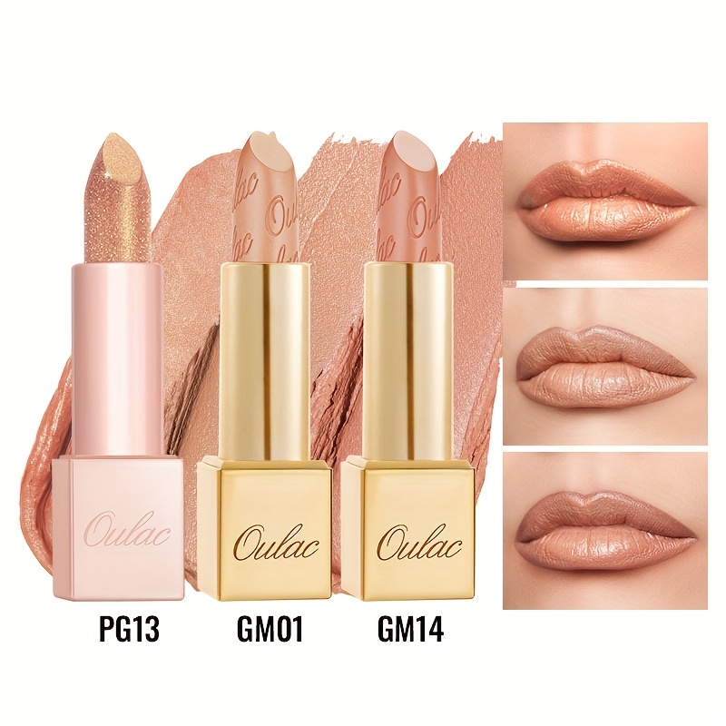 TEMU Oulac Metallic Nude Lipstick 3pcs Set, 24-hour Non-transfer & Lipstick, Lightweight Hydrating Formula, Shine, Pigmented Full Coverage Lip Makeup, Perfect Beauty & Makeup Gift For Girlfriend