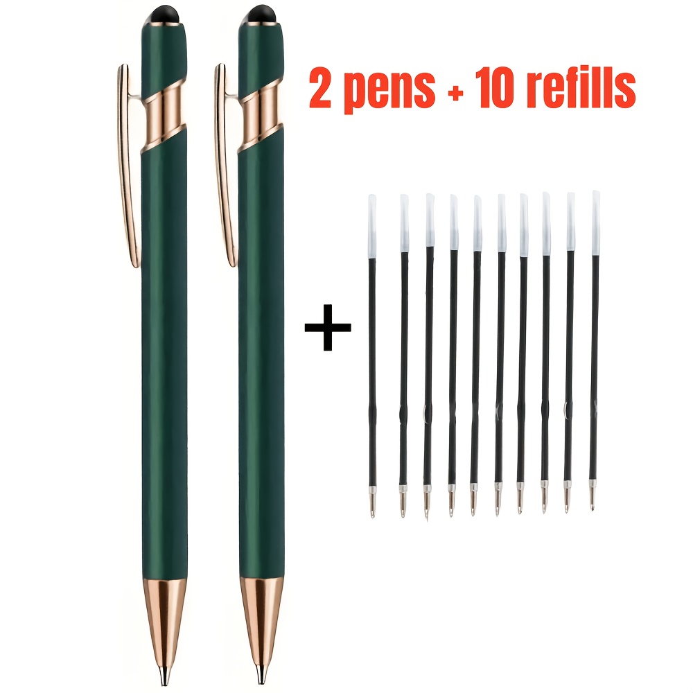 12pcs Luxury Green Metallic Ballpoint Pen Set, Containing 2 Pens + 10 Black Refills. Smooth Writing, Touchscreen Compatible (dual-function Design). An Ideal Gift .