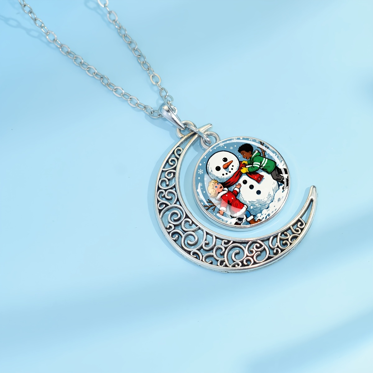 Women's Snowman Winter Scene Crescent Moon Necklace