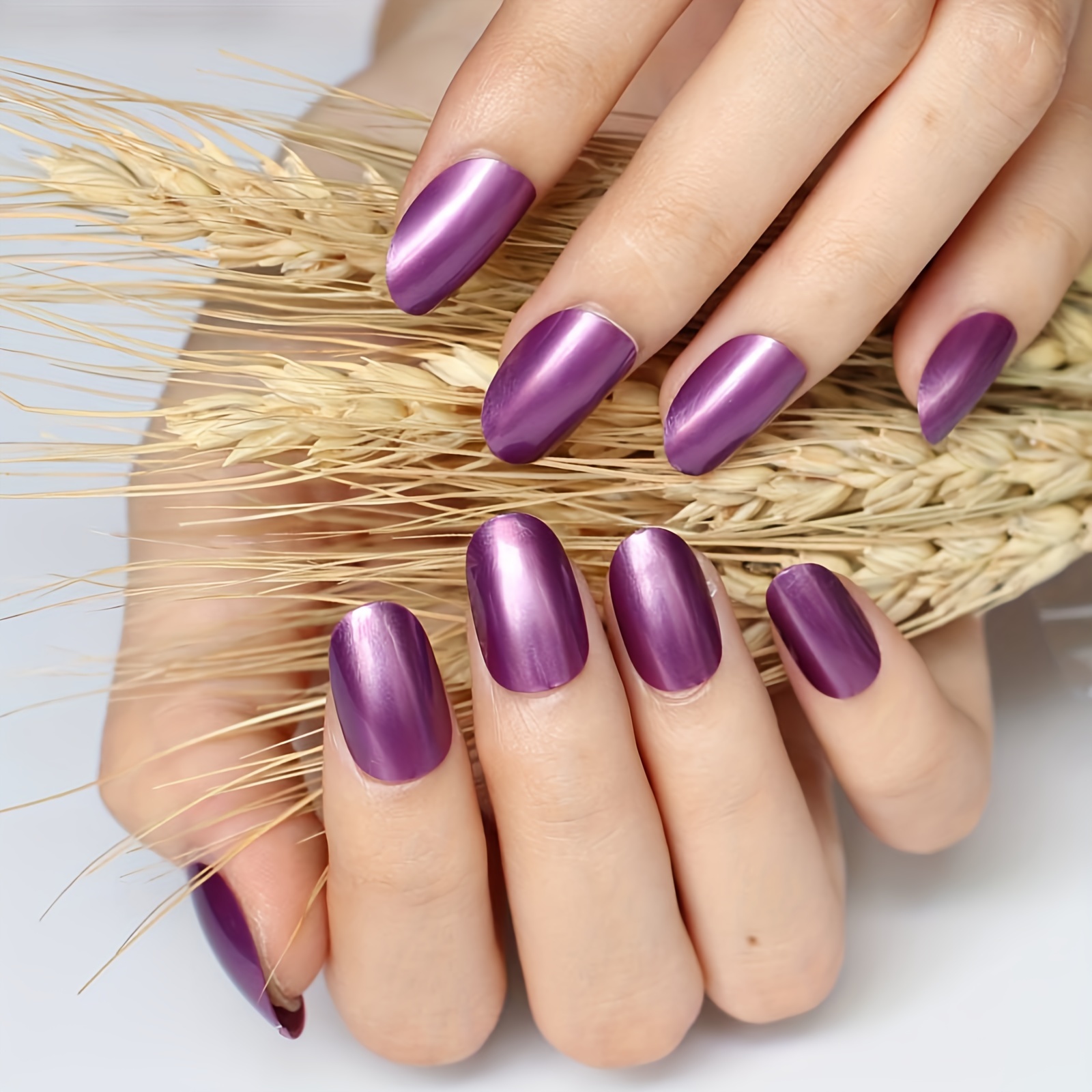 24pcs Elegant Candy-colored Purple Press-on Nails - Glossy Finish, Oval Shape, Medium Length, Reusable Fake Nails For Bridal & Fashion Events