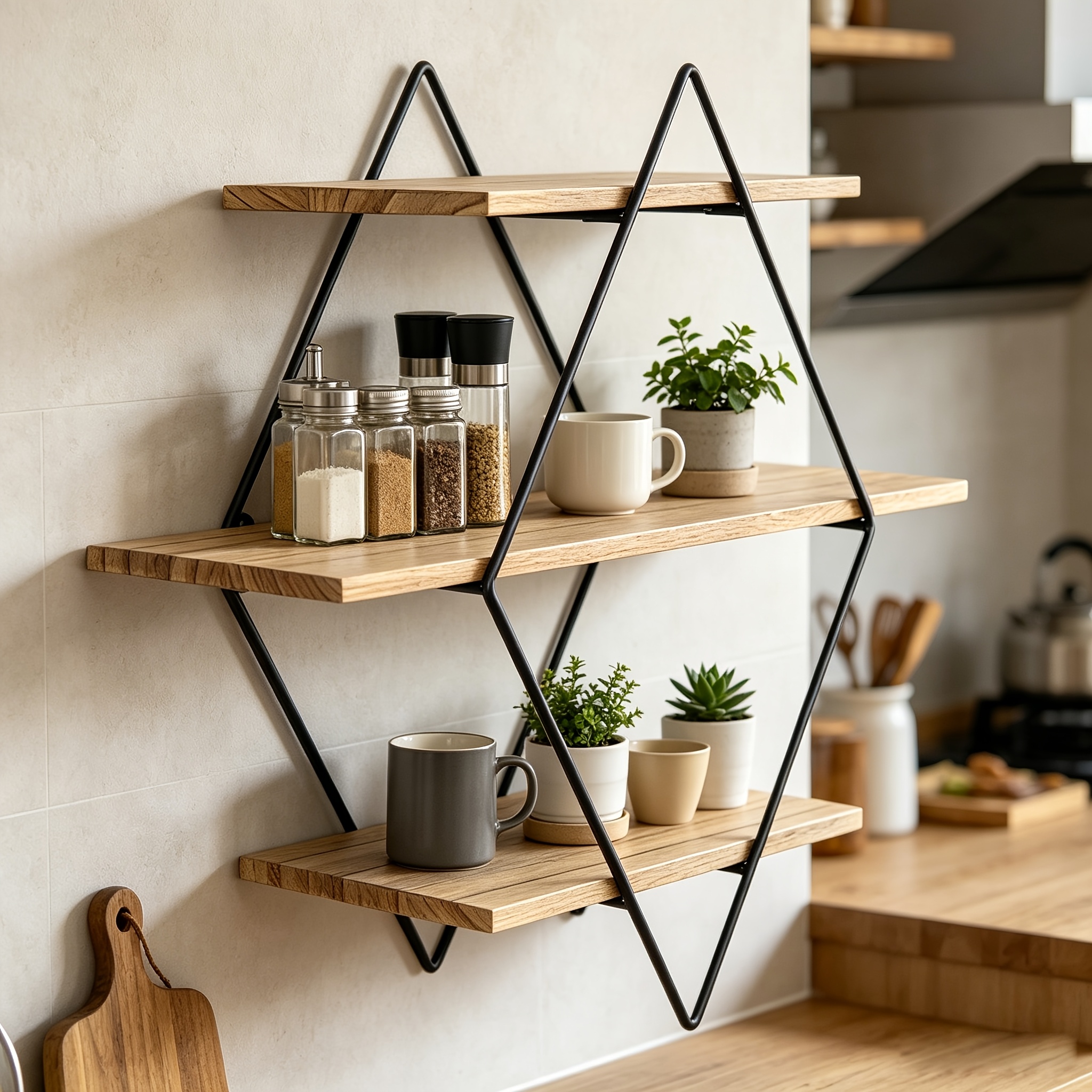 TEMU Estante de pared flotante geométrico de 3 niveles con diamantes de , estantes flotantes rústicos, estantes de pared para cocina, estantes