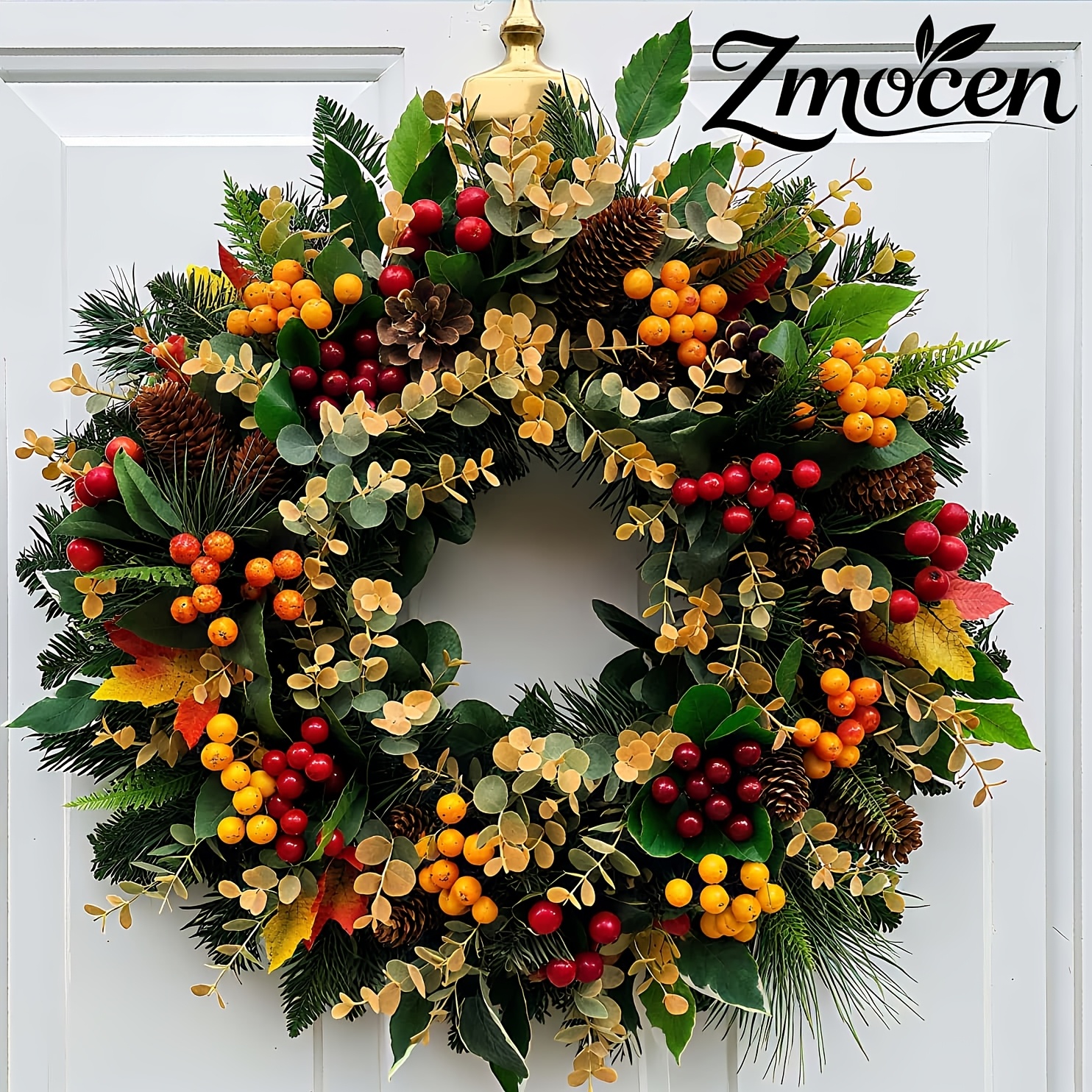 TEMU 26.77-inch Maple Leaf Berry Wreath, With Red Berries And Pine Cones - Patriotic Themed Decoration, Suitable For Day, Christmas, Halloween, And