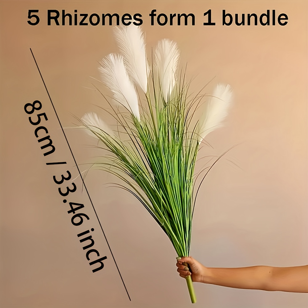 1 Bunch Large Realistic Artificial 5- Grass Pampas Grass Plant, With Reeds, Reeds And Grass, Bohemian Style Green Foliage Shrub Suitable For Home Indoor, Office, Porch And Garden Decoration - Decor