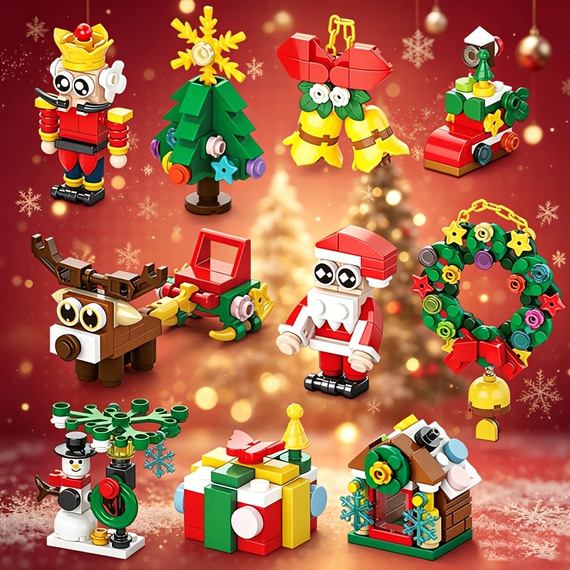 TEMU Christmas 10-in-1 Block Set, Assembly Toys Christmas Bell Gingerbread Man Christmas Tree Santa Reindeer Block Models Ornaments, Halloween