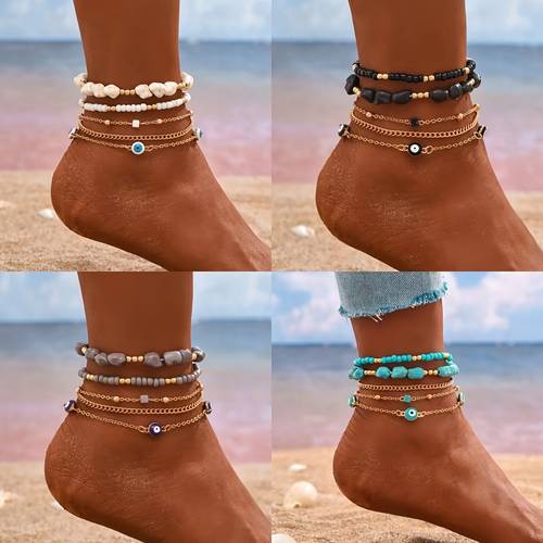 5er-set modische sommerurlaub strand unregelmäßige -augen reisperlen fußkettchen set