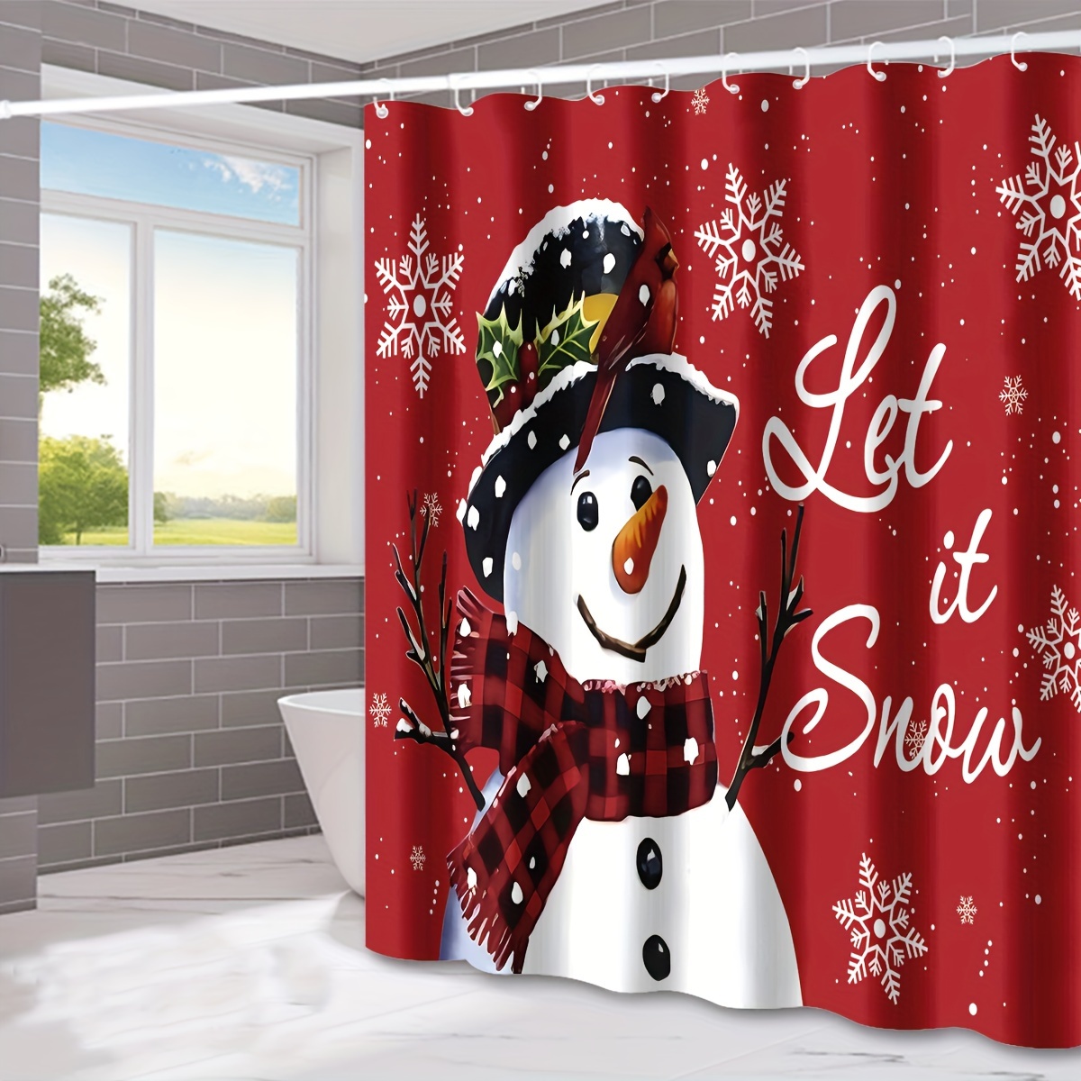 

Christmas Cheer Shower Curtain - Snowman & Snowflake Design, Waterproof Polyester With Hooks Included, 71x71 Inches