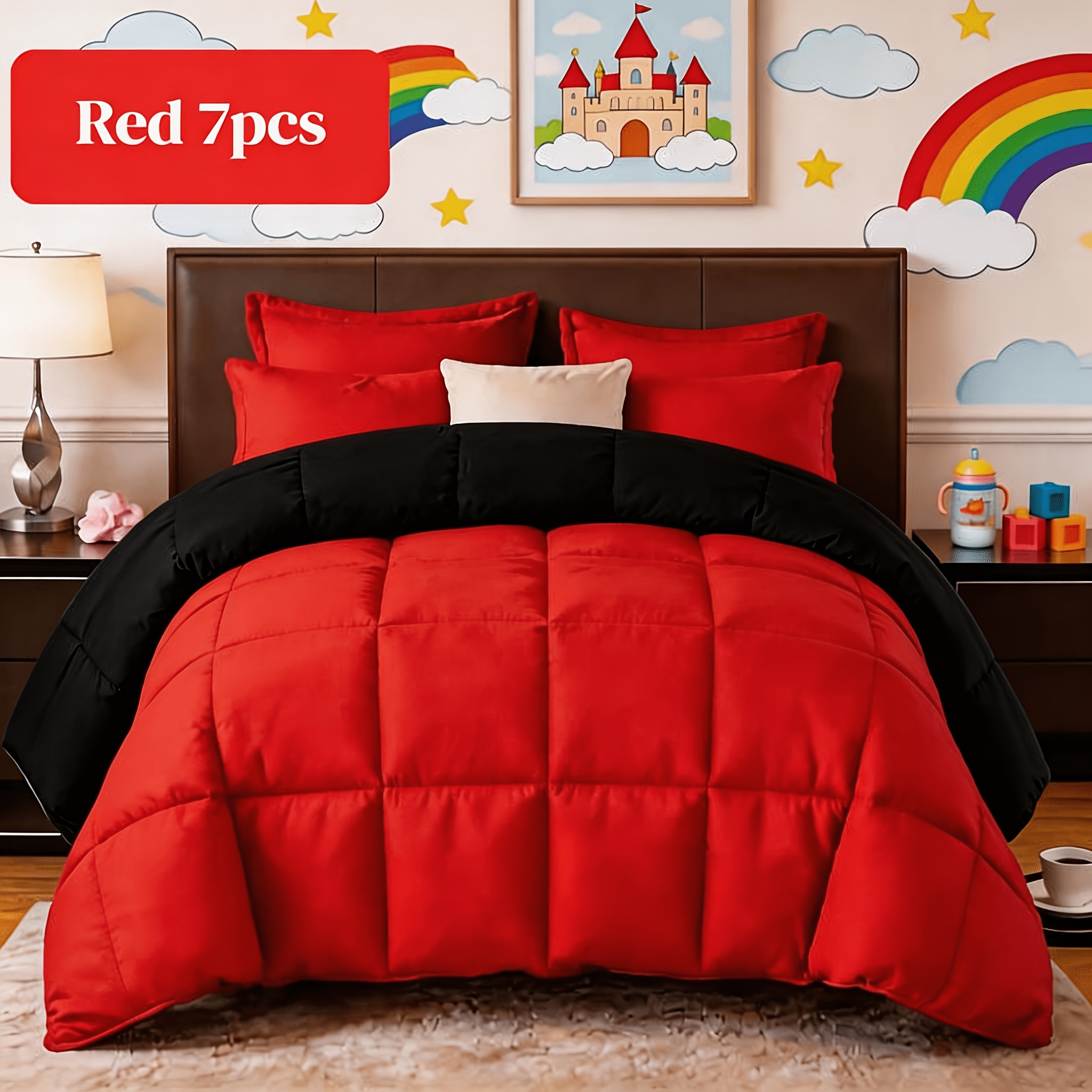 TEMU 3/7pcs Red/black Comforter Set, Full, Queen, King Sizes, Comforter, 3pcs-includes 1 Comforter And 2 Pillowcases, 7pcs-includes 1 Comforter, 1