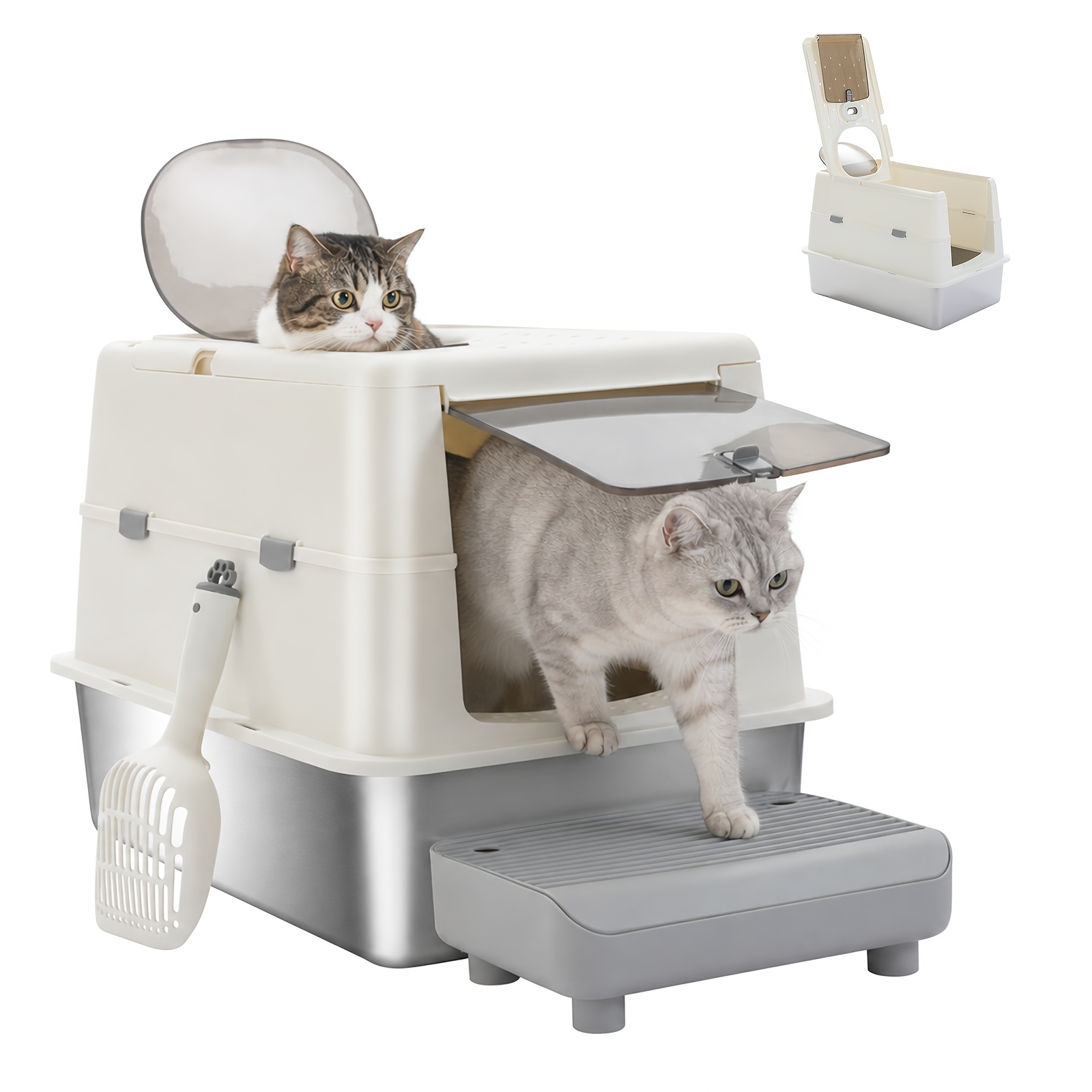 Road Extra Large Stainless Steel Cat Litter Box, 60cm Enclosed Cat Toilet With Front Entry And Top Exit, Litter Trapping Step, Lid And Scoop For Large Cats, White Or Gray