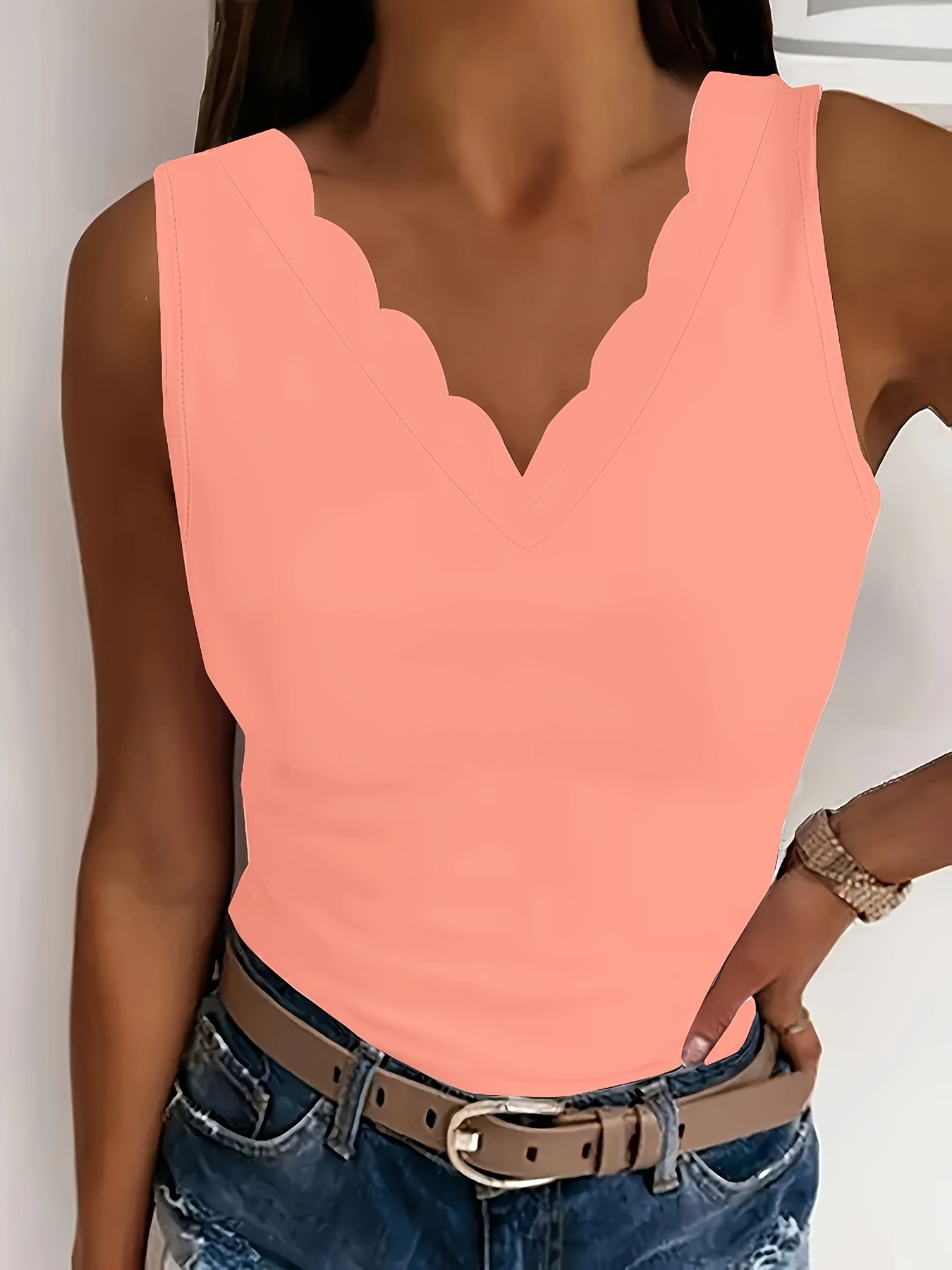 Plus Size Scallop Trim Tank Top, Casual Sleeveless V Neck Tank Top For Summer, Women's Plus Size?Clothing