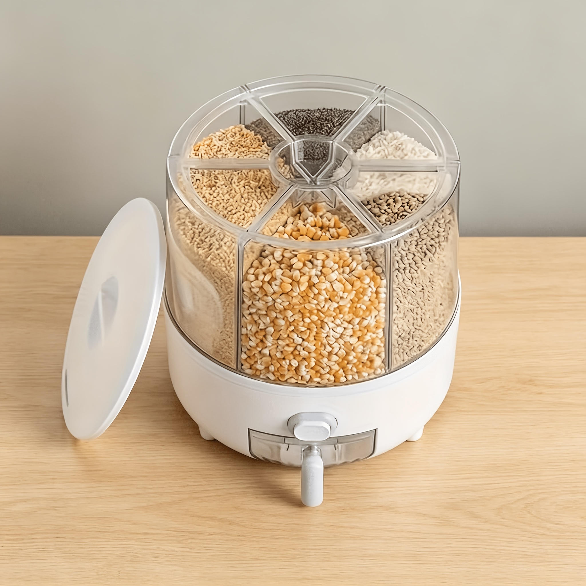 Rotating Sealed Grain Dispenser, 6 Divided Compartments Rice Storage Bin, Dustproof Insect-proof Dry Food Container For Oats Quinoa Nuts