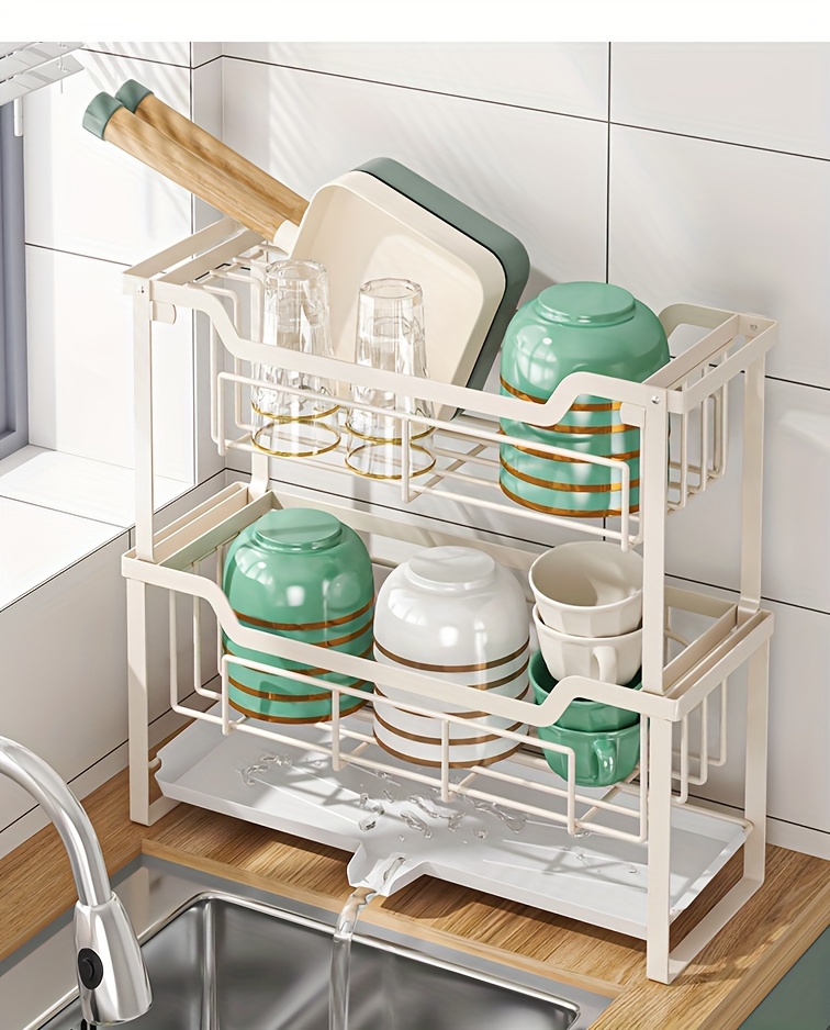 space saving dish rack with drain tray hooks utensil holders multifunctional kitchen organizer for dishes cups knives forks chopsticks Product details 9