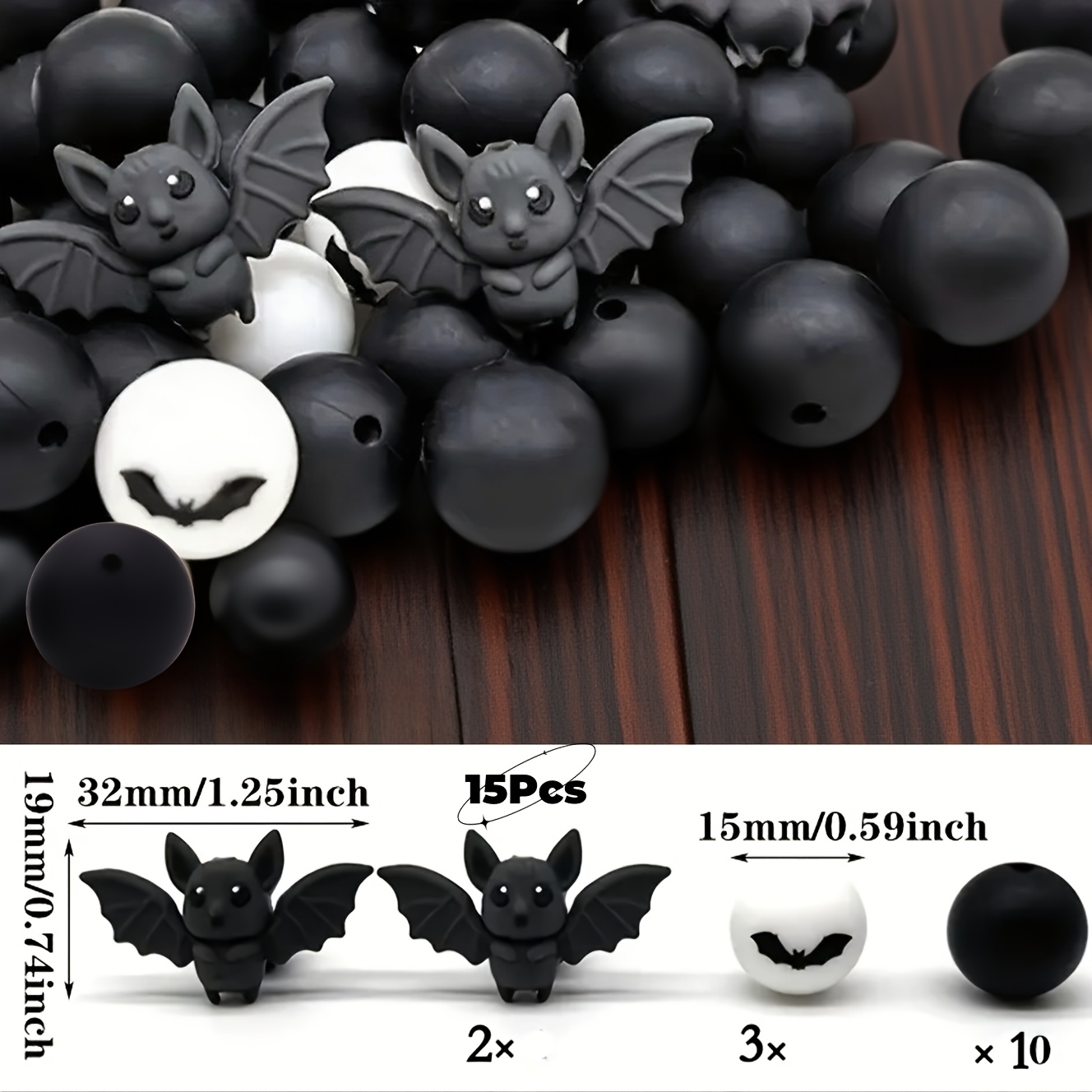 E-shop Perlen-Sortiment 15 Stück Halloween Silikonperlen | Schwarze Fledermäuse & Vollmonde, Gemischte Zwischenperlen für DIY-Schmuck,