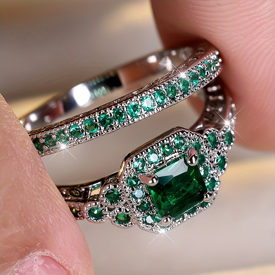 TEMU English 2pcs Classic Fashion Green Synthetic Zirconia Ring Set Suitable For Party Wedding Wear