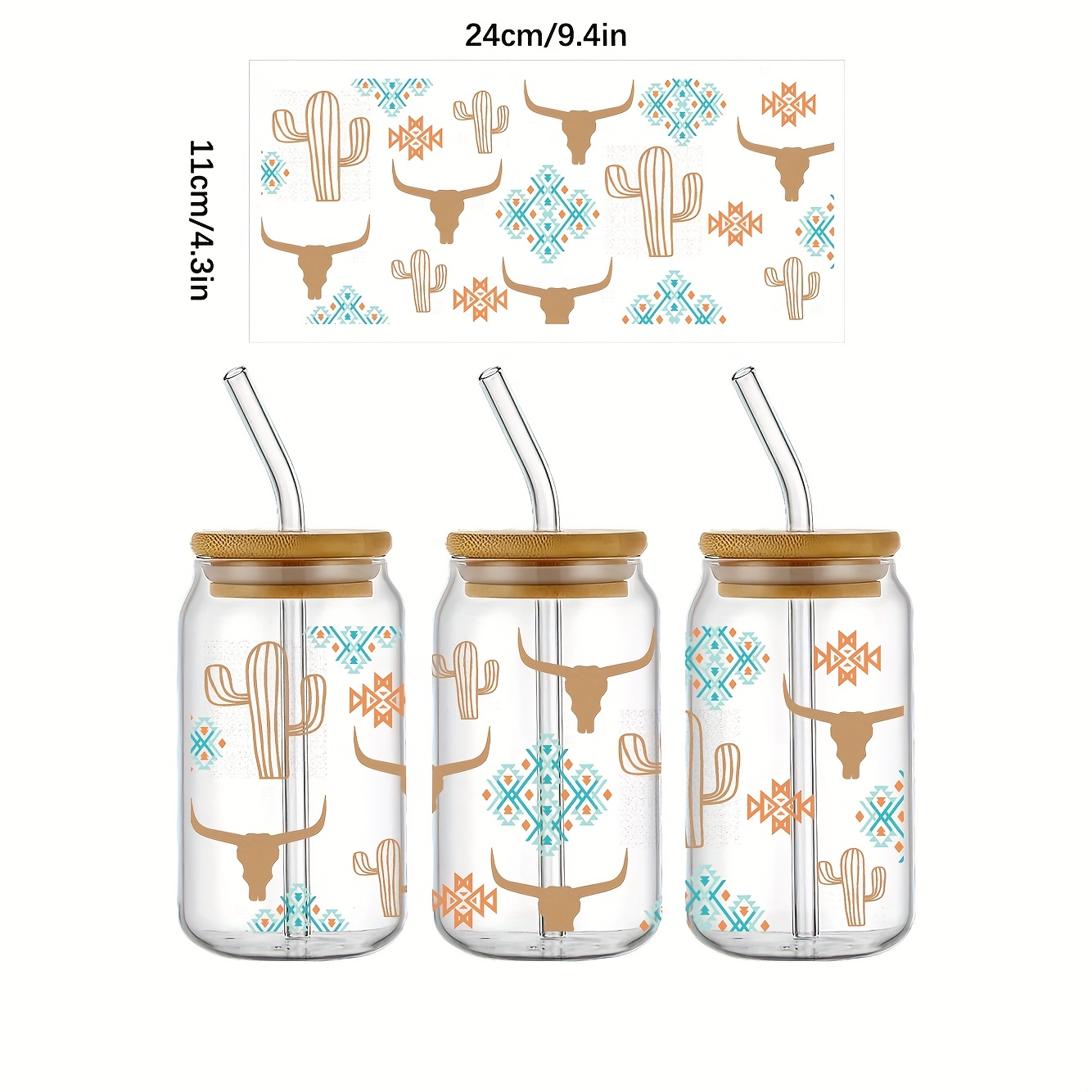 

4-pack Western Theme Sublimation Transfer Stickers, 16oz Cow & Cowboy Patterns, Cuttable Diy Decals For Glass Jars, Bottles, Crafts - High-quality Plastic, 4.3" X 9.4" Pack