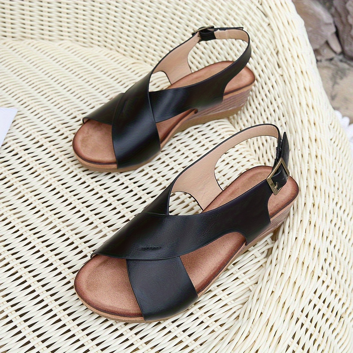 Women's Casual Wedge Sandals, Open Toe Elastic Crisscross Band Slip On  Heels, Fashion Summer Vacation Sandals