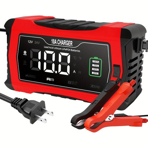 10 amp car battery charger 12v 24 automotive charger battery maintainer trickle charger for car suv motorcycle boat lead acid lithium lifepo4 battery without battery