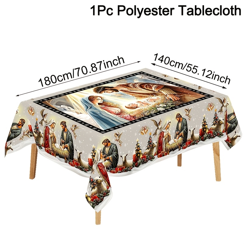 TEMU 1pc Christmas Tablecloth, Nativity Scene Xmas Tree Print Tablecloth, Rectangle And Round Polyester Table Cover For Indoor/outdoor Home Party