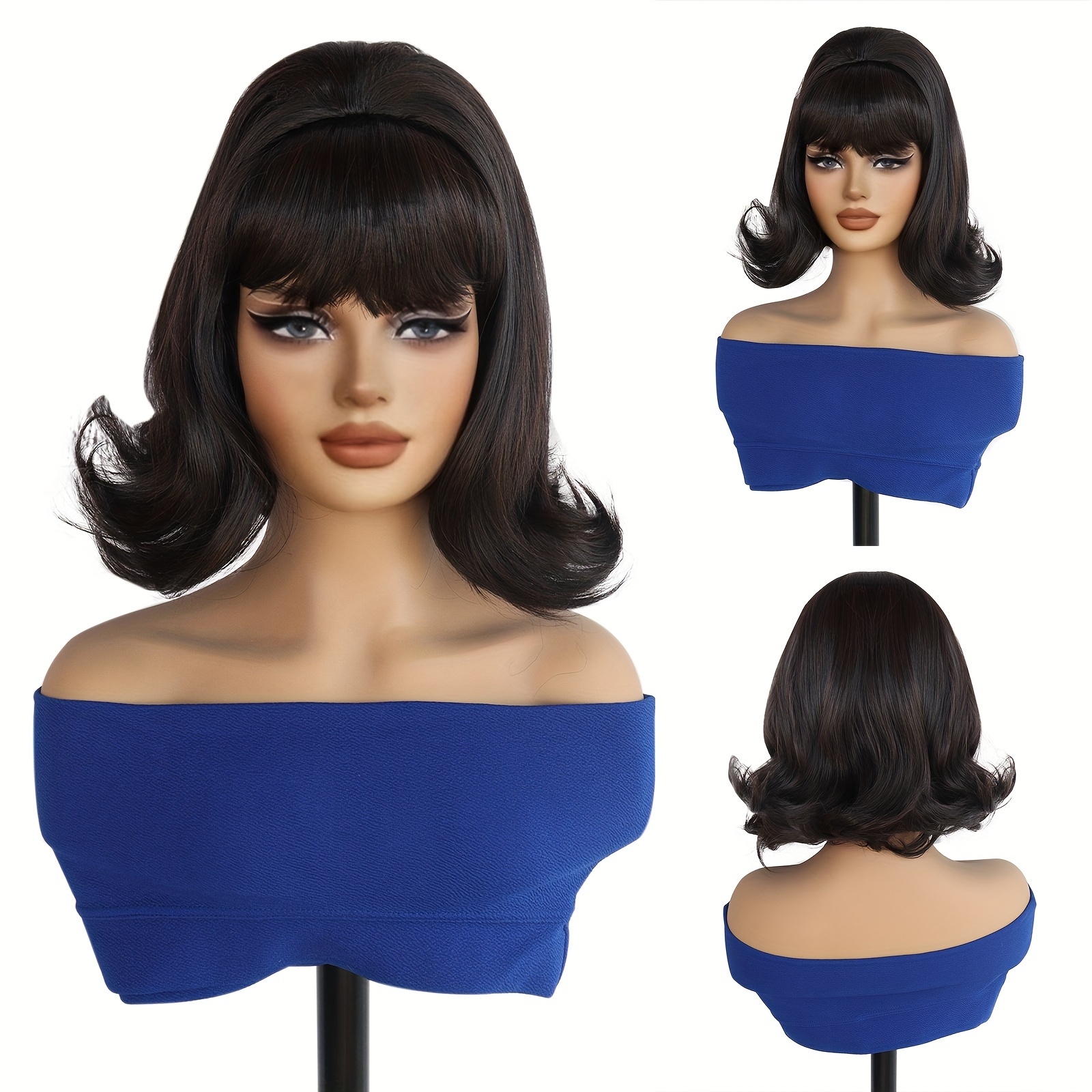 

1pc Dark Brown Retro Wavy Bob Wig With Bangs, 12-inch Heat Resistant Synthetic Fiber Hair, 60s 70s Vintage Beehive Style, Elegant Fashionable Daily Party Costume Wig For Women