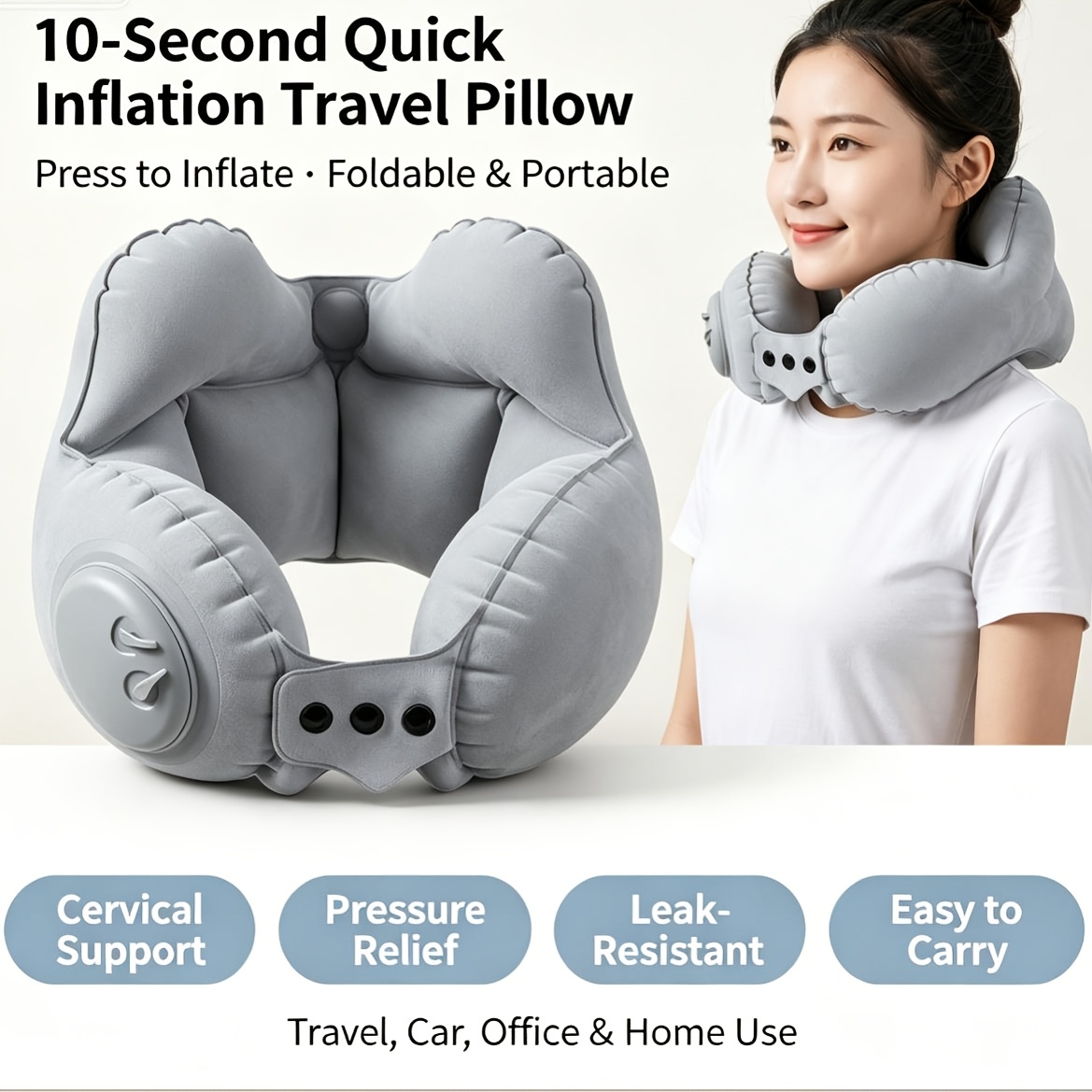 TEMU New Press-to-inflate U-shaped Pillow, Quick Inflation In , Essential For Rail Or Car Travel, Or Office Use. Neck Pressure, Convenient And