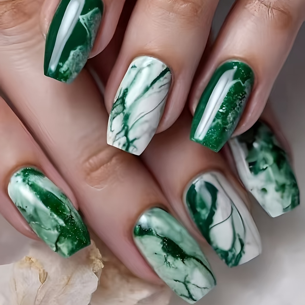 TEMU 24pcs Set Of Emerald Watercolor Marble Nail Art Glossy Medium-length Ballet Nails Suitable For Press-on Decorative Nail Plates