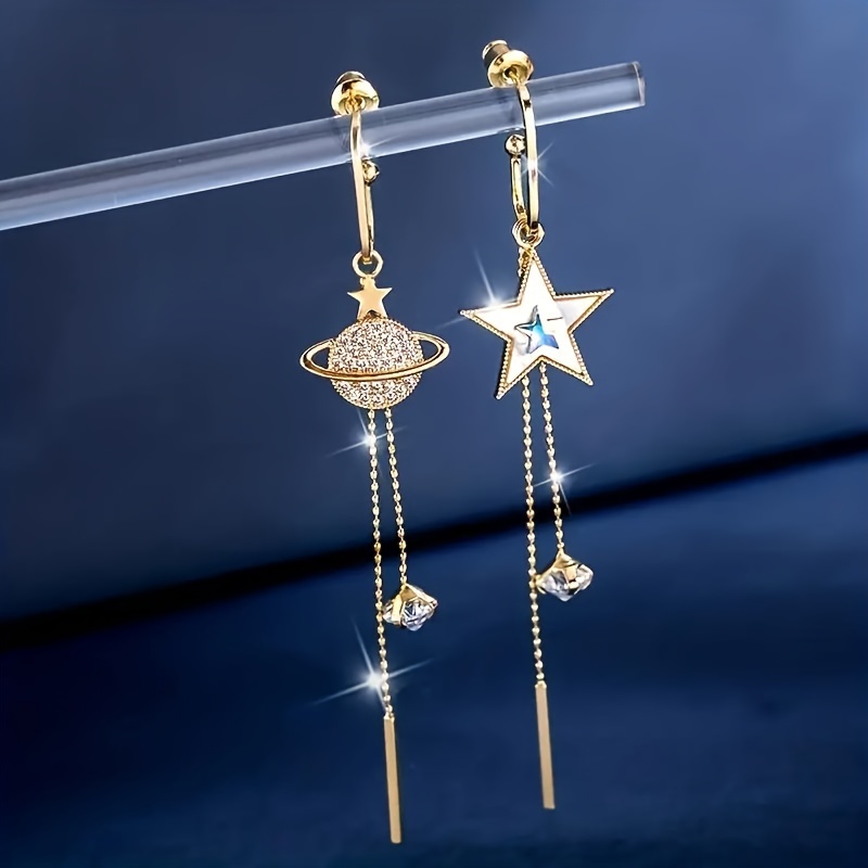 

1 Pair Asymmetric Long Tassel Earrings, With Planets And Pentagrams, Sparkling And Elegant Alloy Jewelry, A Beautiful Gift For Girls