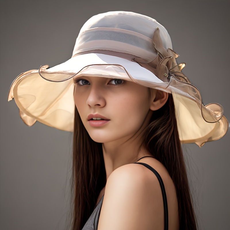 Mulberry Silk Flower Sun Hat Wide Brim Derby Hats Summer UV Protection  Sunshade Hats For Women
