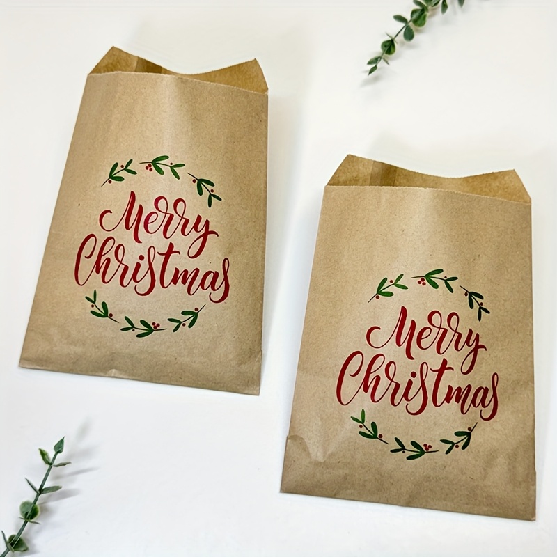 25pcs Christmas Gift Bags, Green Leaf And Red Letter Christmas Decorative Gift Bags, 13x18cm White/ Paper Bags For Christmas Party And New Year Decorations