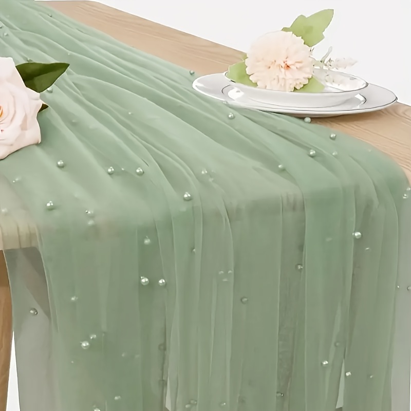 E-shop 10ft grüner Perlen-Tischläufer, Tüll-Spitzen-Tischdecke, Hochzeitsbogen-Dekoration, Tischläufer für Brautpaar-Desserttische für Hochzeit,
