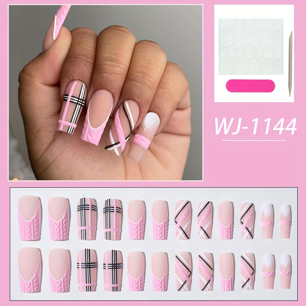 E-shop Herbst- und Winterkollektion mit rosa, weihnachtlich geprägten, karierten Zauberer-Matte-Nagelkunst-Falschen-Nagelspitzen, 24 Stück mittellange,