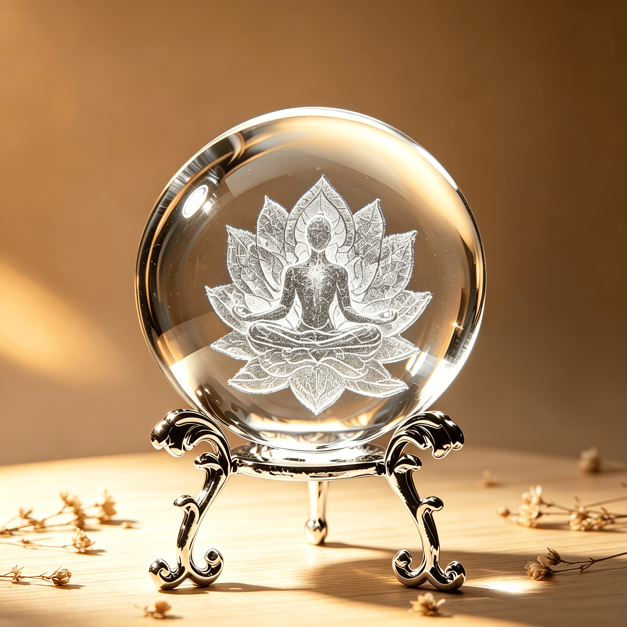 TEMU Lotus Meditation Zen Statue 3d Inner Carving Crystal Ball Ornament Metal Stand Yoga Meditation K9