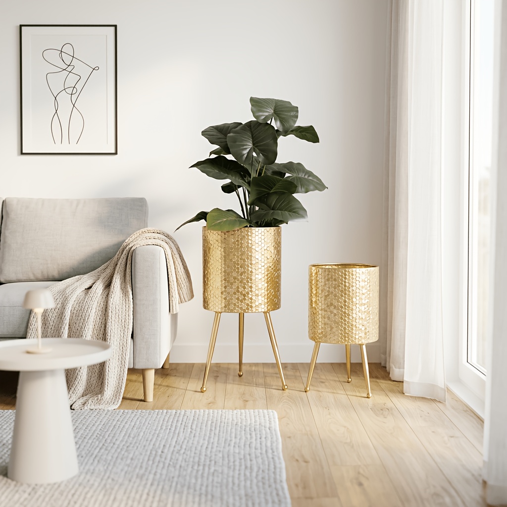 2 golden honeycomb texture floor standing oversized iron flower pot indoor 10 inch planting tool flower pot with golden shelf advanced ornaments container suitable for mothers day valentines day wedding hotel use