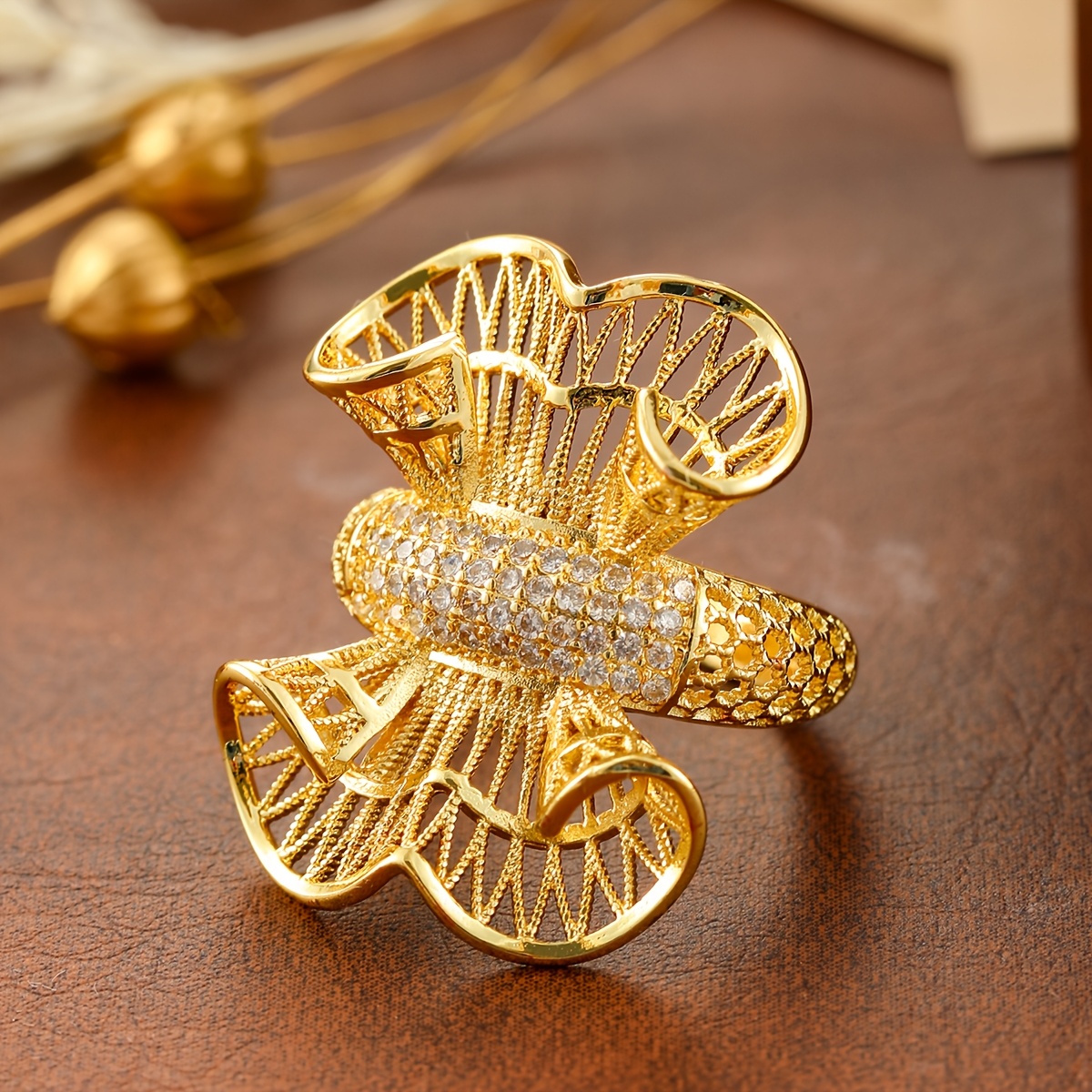 TEMU 1pc Luxurious Bow Hollow Woven Full-zirconia 18k Golden-plated - Secure Setting Women's Wedding Bridesmaid Anniversary Gift Evening Wear
